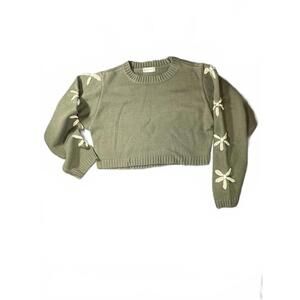 Altar'd State Olive Green Cropped Knit Sweater with Floral Embroidery - Small